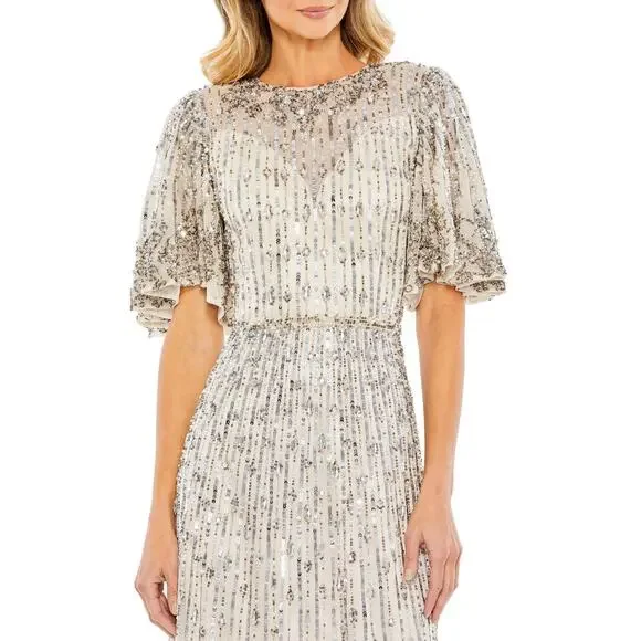 Mac Duggal Women's Nude Silver Sequined Flounce Sleeve Midi Dress Size 6 NWT - Picture 4 of 13